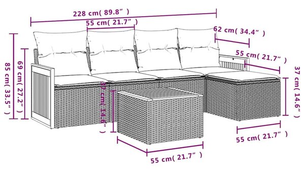 VidaXL 6 db fekete polyrattan kerti kanapégarnitúra párnákkal