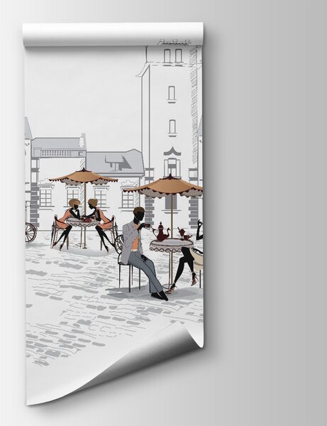 Fotótapéta Emberek csoportja ül a padokon egy városban, Designer fali fotótapéta, Népszerű fotótapéta, u56109 - Tapeko.hu