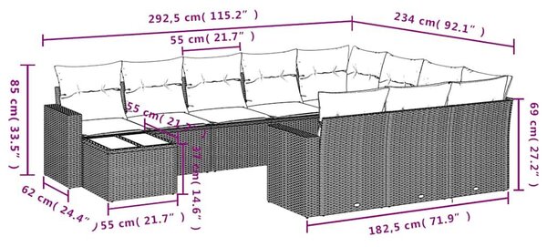 VidaXL 11 db szürke polyrattan kerti kanapégarnitúra párnákkal