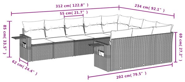 VidaXL 10 db barna polyrattan kerti kanapégarnitúra párnákkal