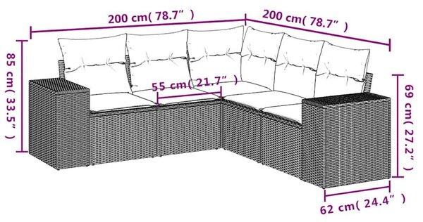 VidaXL 5 db fekete polyrattan kerti kanapégarnitúra párnákkal