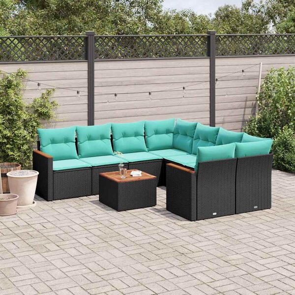 VidaXL 9 db fekete polyrattan kerti kanapégarnitúra párnákkal