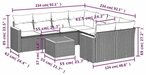 VidaXL 9 db fekete polyrattan kerti kanapégarnitúra párnákkal