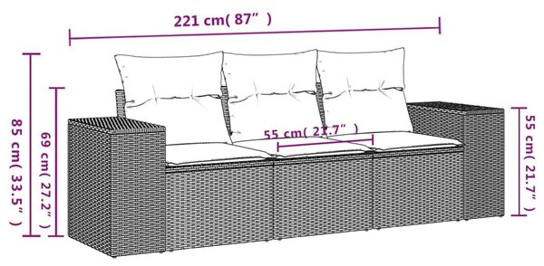 VidaXL 3 db barna polyrattan kerti kanapégarnitúra párnákkal
