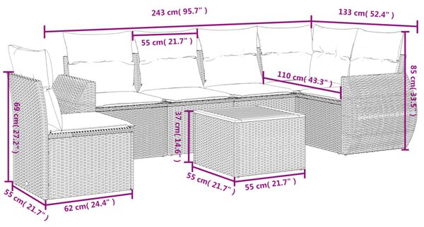 VidaXL 7 db szürke polyrattan kerti kanapégarnitúra párnákkal