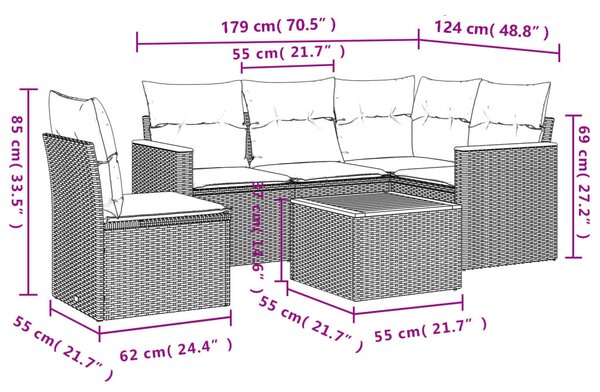 VidaXL 6 db fekete polyrattan kerti kanapégarnitúra párnákkal