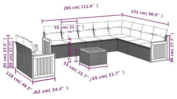 VidaXL 11 db fekete polyrattan kerti kanapégarnitúra párnákkal