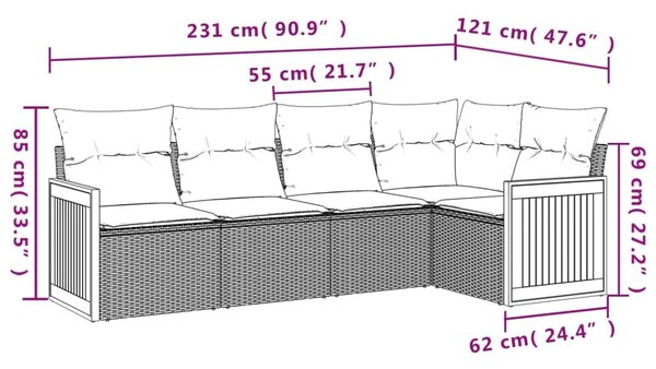 VidaXL 5 db szürke polyrattan kerti kanapégarnitúra párnákkal