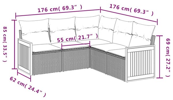 VidaXL 5 db szürke polyrattan kerti kanapégarnitúra párnákkal