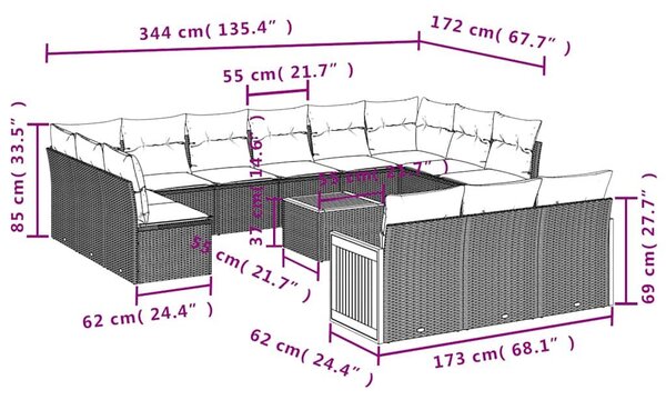 VidaXL 12 db fekete polyrattan kerti kanapégarnitúra párnákkal