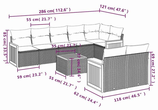 VidaXL 9 db fekete polyrattan kerti kanapégarnitúra párnákkal