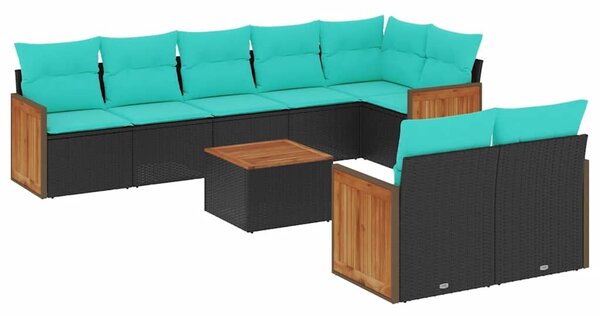 VidaXL 9 db fekete polyrattan kerti kanapégarnitúra párnákkal