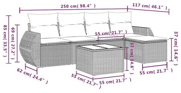 VidaXL 6 db fekete polyrattan kerti kanapégarnitúra párnákkal