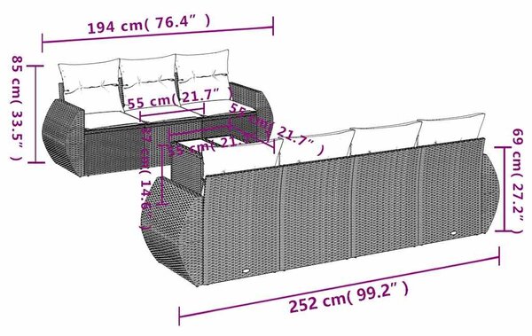 VidaXL 8 db barna polyrattan kerti kanapégarnitúra párnákkal