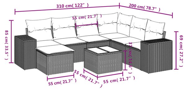 VidaXL 8 db barna polyrattan kerti kanapégarnitúra párnákkal