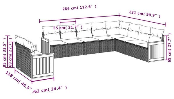 VidaXL 10 db fekete polyrattan kerti kanapégarnitúra párnákkal