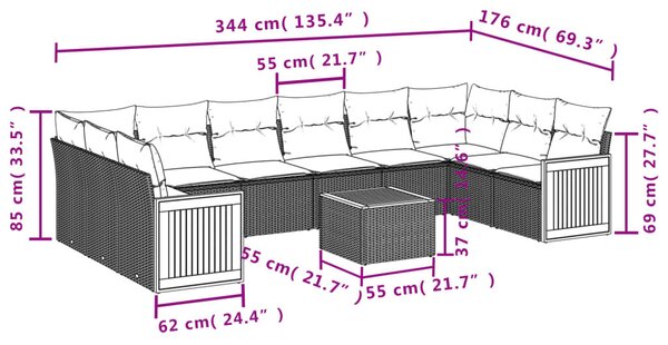 VidaXL 11 db szürke polyrattan kerti kanapégarnitúra párnákkal