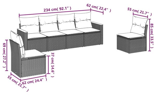 VidaXL 6 db szürke polyrattan kerti kanapégarnitúra párnákkal