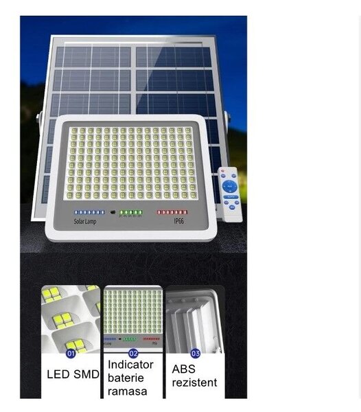 LED reflektor Flippy napelemmel, fényérzékelővel, vízálló, 600 beépített LED, 300W, 37x26,5 cm, IP67, modern dizájn, fekete