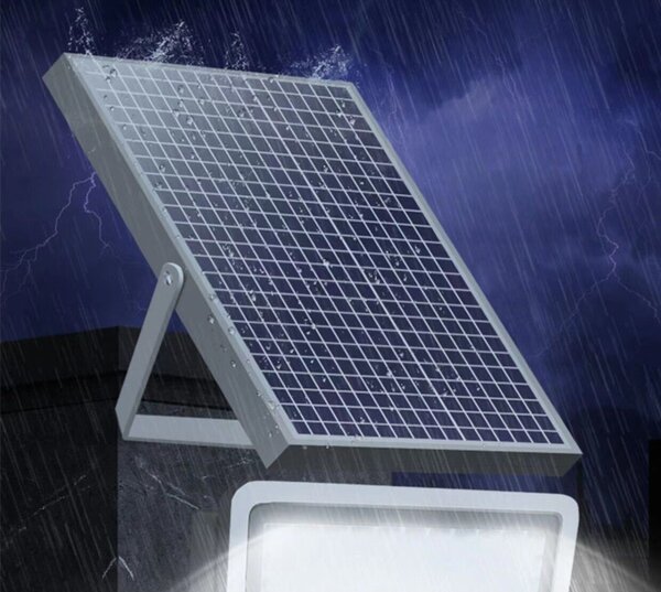 LED reflektor Flippy napelemmel, fényérzékelővel, vízálló, 600 beépített LED, 300W, 37x26,5 cm, IP67, modern dizájn, fekete