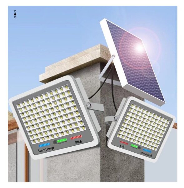 LED reflektor Flippy napelemmel, fényérzékelővel, vízálló, 600 beépített LED, 300W, 37x26,5 cm, IP67, modern dizájn, fekete