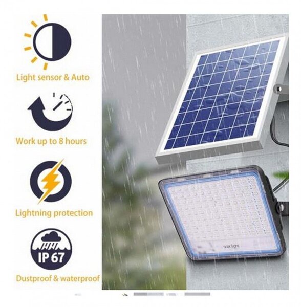 LED reflektor Flippy napelemmel, fényérzékelővel, vízálló, 600 beépített LED, 300W, 37x26,5 cm, IP67, modern dizájn, fekete