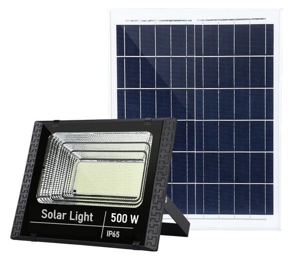 500W SMD LED reflektor Flippy napelemes töltéssel, napelemmel, távirányítóval, rögzítőkonzollal, ABS anyagból, 18AH, 400 LED, színhőmérséklet 6500k, 32x26x9 cm, fekete