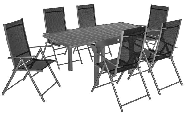 Outsunny 7 Darabos Kerti Szett Kihúzható Asztallal és 6 Összecsukható Karfás Székkel, 90/180x90x75 cm, Szürke és Fekete