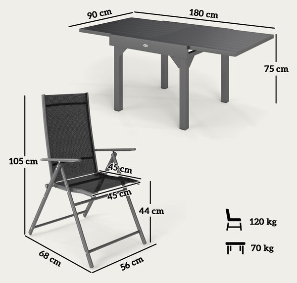 Outsunny 7 Darabos Kerti Szett Kihúzható Asztallal és 6 Összecsukható Karfás Székkel, 90/180x90x75 cm, Szürke és Fekete