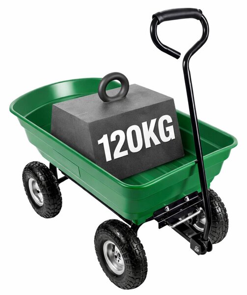Kerti szállítókocsi, kivehető, dönthető tálca, zöld, 120 kg