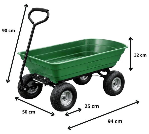 Kerti szállítókocsi, kivehető, dönthető tálca, zöld, 120 kg
