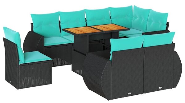 VidaXL 9 részes fekete polyrattan kerti ülőgarnitúra párnákkal