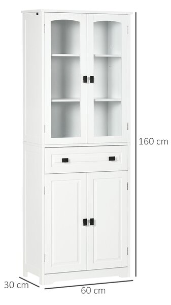 HOMCOM Bufet de Bucătărie Înalt cu 2 Dulapuri și Sertar, Uși din Sticlă și Rafturi Reglabile, 60x30x160cm, Alb