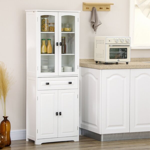 HOMCOM Bufet de Bucătărie Înalt cu 2 Dulapuri și Sertar, Uși din Sticlă și Rafturi Reglabile, 60x30x160cm, Alb
