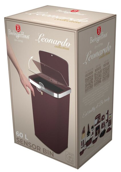 Berlinger Haus Szenzor érzékelős szemetes 60 literes fém matt bordó Leonardo Collection BH/9799