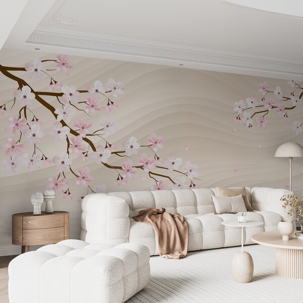 Fotótapéta Sakura ágak hullámos homokos háttéren, Fotótapéta erdő, Fotótapéta erdő fák, w08959 : Uwalls.hu