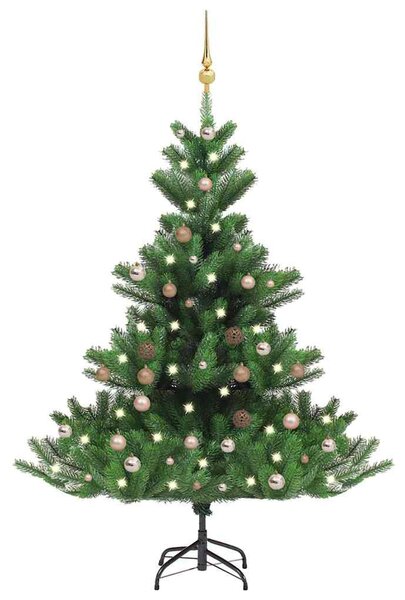 Zöld nordmann műfenyő LED-fényekkel és gömbszettel 150 cm