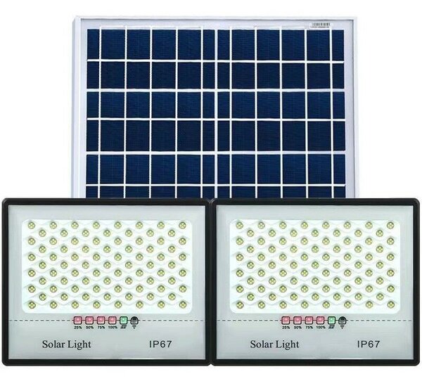2 db-os LED reflektor szett Flippy napelemmel, mozgásérzékelővel, távirányítóval, vízálló, 322*2 beépített LED, 200W, 30*24 cm, IP67, modern dizájn, fekete