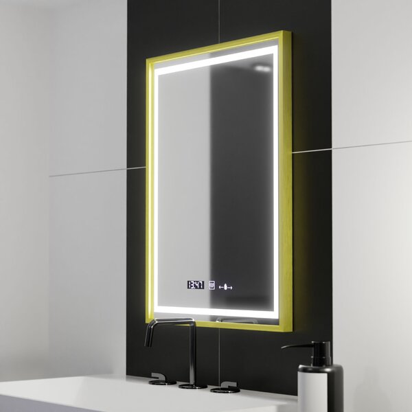Téglalap alakú LED tükör, 50x70cm, Verite Royale Gold Motion Glow Marcello, Páramentesítő rendszer, Óra és Hőmérő, Szabályozható Fényerő