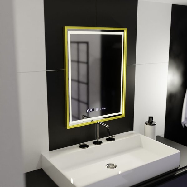 Téglalap alakú LED tükör, 50x70cm, Verite Royale Gold Motion Glow Marcello, Páramentesítő rendszer, Óra és Hőmérő, Szabályozható Fényerő