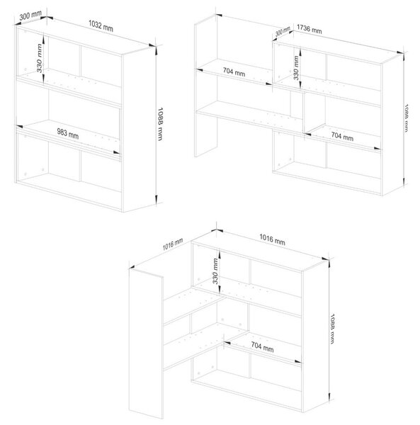 Sarokpolc könyveknek és dekorációknak, 3 polcos, laminált forgácslap 16 mm, 174x30x109 cm, fehér