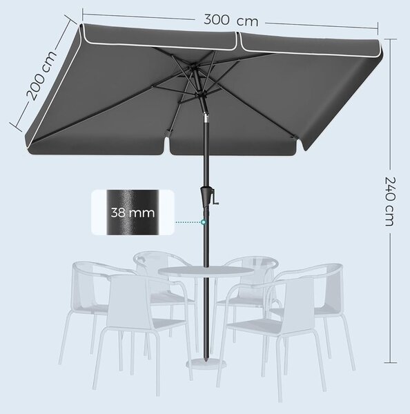 Kerti napernyő kézi hajtással, UPF 50+, 30°-os dőlés, fém váz, 300x200 cm, szürke
