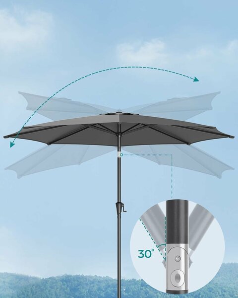 Kerti napernyő kézikarral, 330 cm, UPF 50+, 30°-os dőlés, fém váz 8 sugárral, szürke