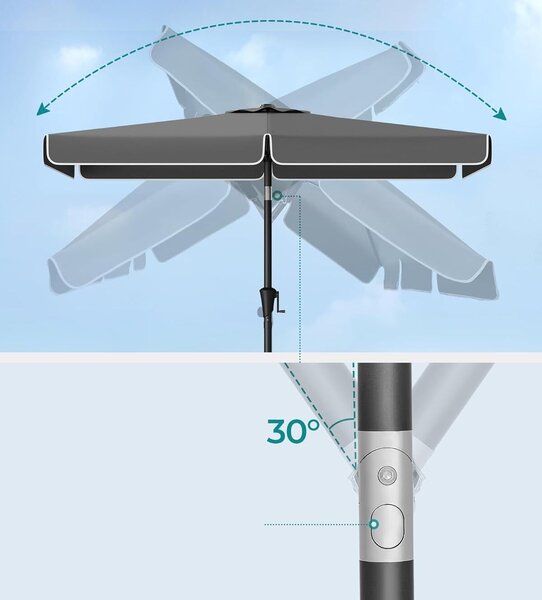 Kerti napernyő kézi hajtással, UPF 50+, 30°-os dőlés, fém váz, 300x200 cm, szürke