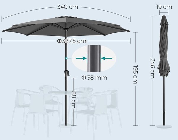 Kerti napernyő kézikarral, 330 cm, UPF 50+, 30°-os dőlés, fém váz 8 sugárral, szürke