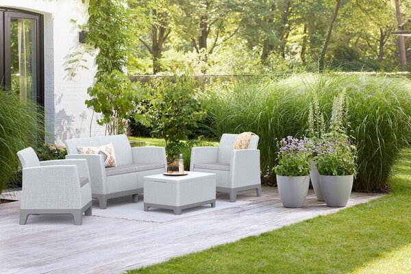 Keter SCANDI FORMA kerti bútor szett – 4 személyes, sofa + 2 fotel + tárolós asztal, Ash grey / Storm grey