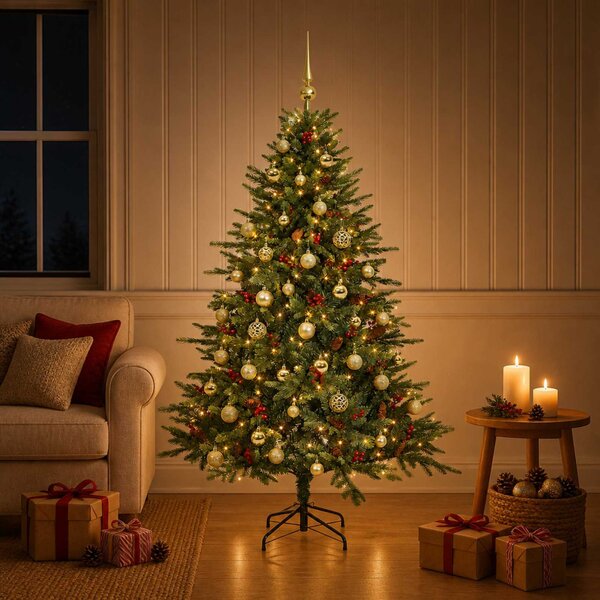 Műkarácsonyfa gömbbel 120 cm 150 LED Meleg fehér PVC és fém