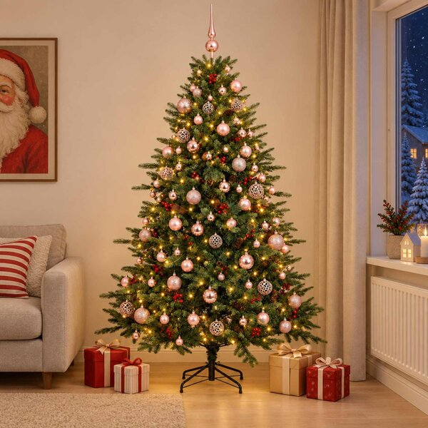 Műkarácsonyfa gömbbel 180 cm 300 LED Meleg fehér PVC és fém