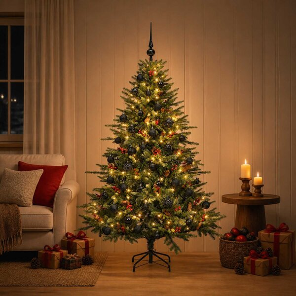 Műkarácsonyfa gömbbel 120 cm 150 LED Meleg fehér PVC és fém