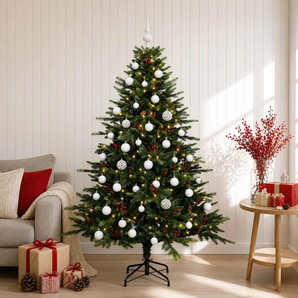 Műkarácsonyfa gömbbel 120 cm 150 LED Meleg fehér PVC és fém